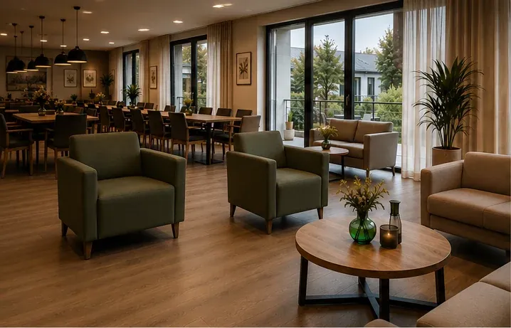 Lounge mit Sitzgruppe aus Ledersesseln