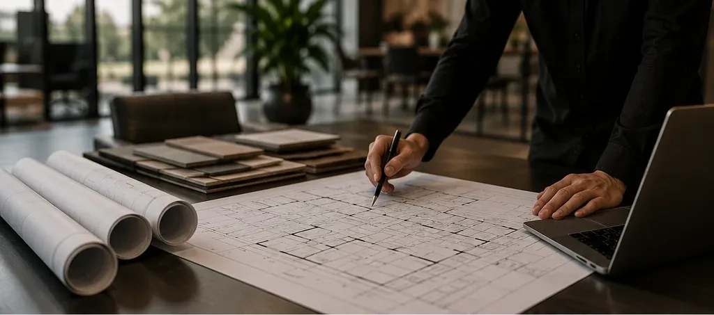 Planer arbeitet an einem Grundriss neben Materialmustern