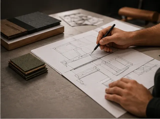 Konstruktionsskizzen und Materialmuster auf einem Arbeitstisch
